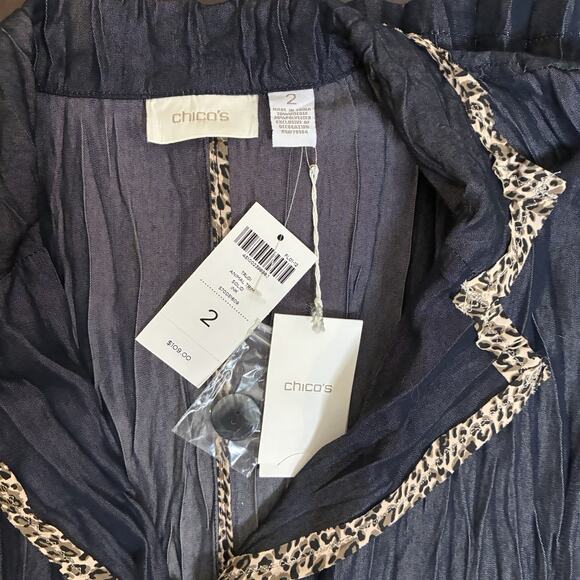 Chico's Jacket NWT Size 2 (L) Trudi Viscose Crinkle Button Up Ink Animal Trim - Picture 4 of 6